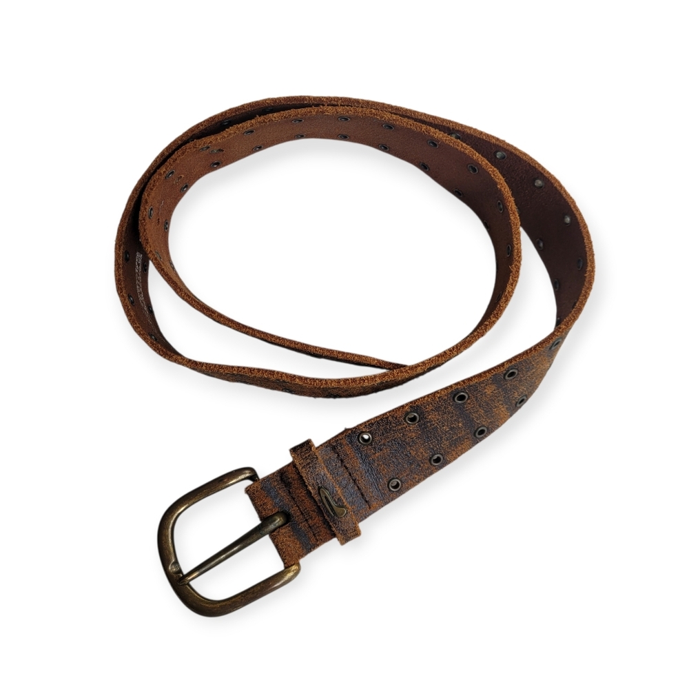 Y2K Double Gromet Thick Leather Belt Brass Buckle Brown XL